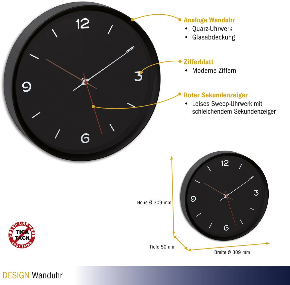 Analogni zidni sat, crnog kućišta, modernih brojeva, crvene sekunde. Dimenzije: 309 mm visine i širine, 50 mm dubine.