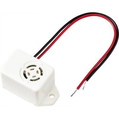 Bijeli električni zujalica s dva istaknutna žica, jednom crvenom i jednom crnom, za spajanje s izvorom struje.