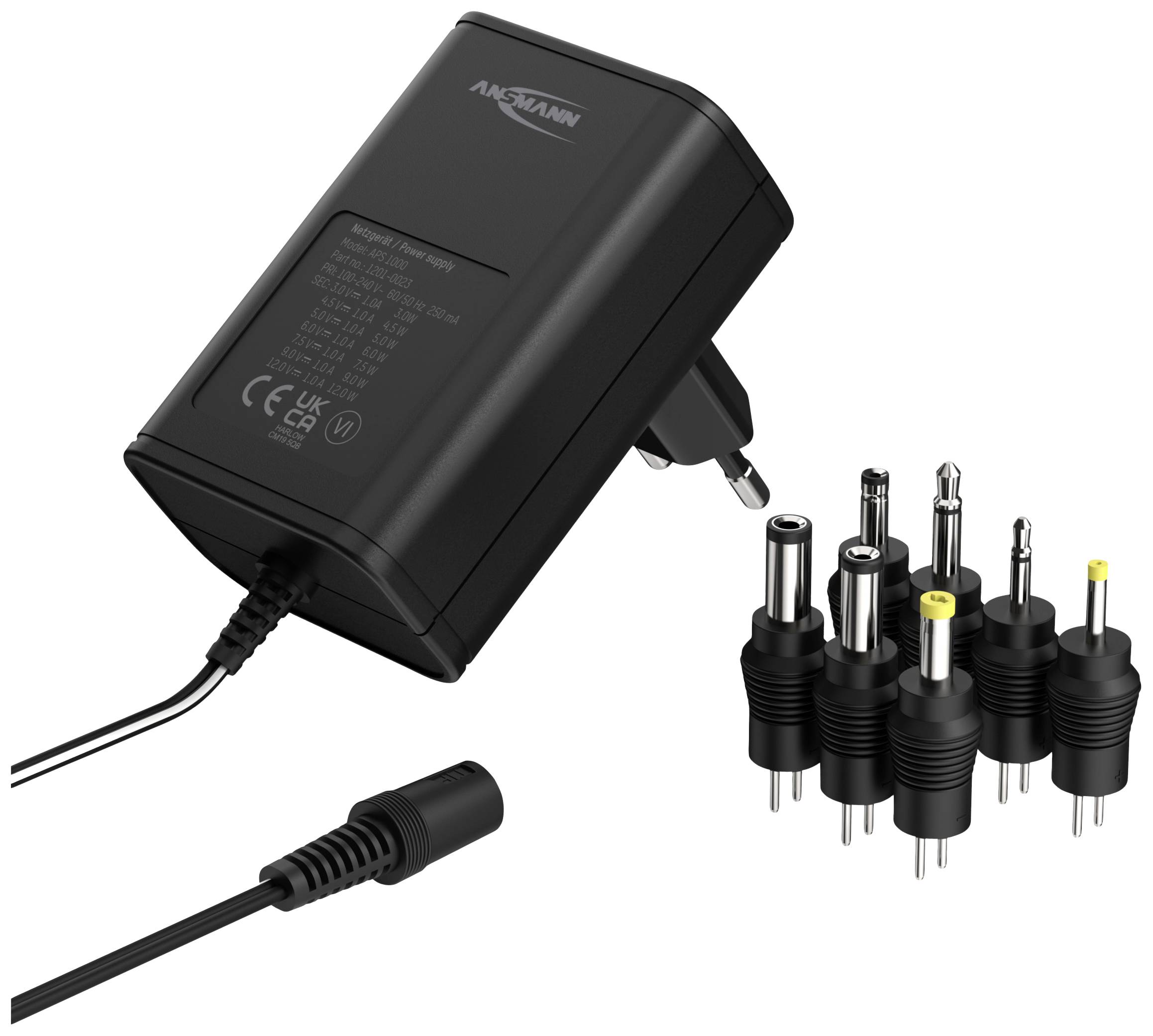 Crni mrežni adapter s sedam zamjenjivih utikača, pogodan za različite elektroničke uređaje.