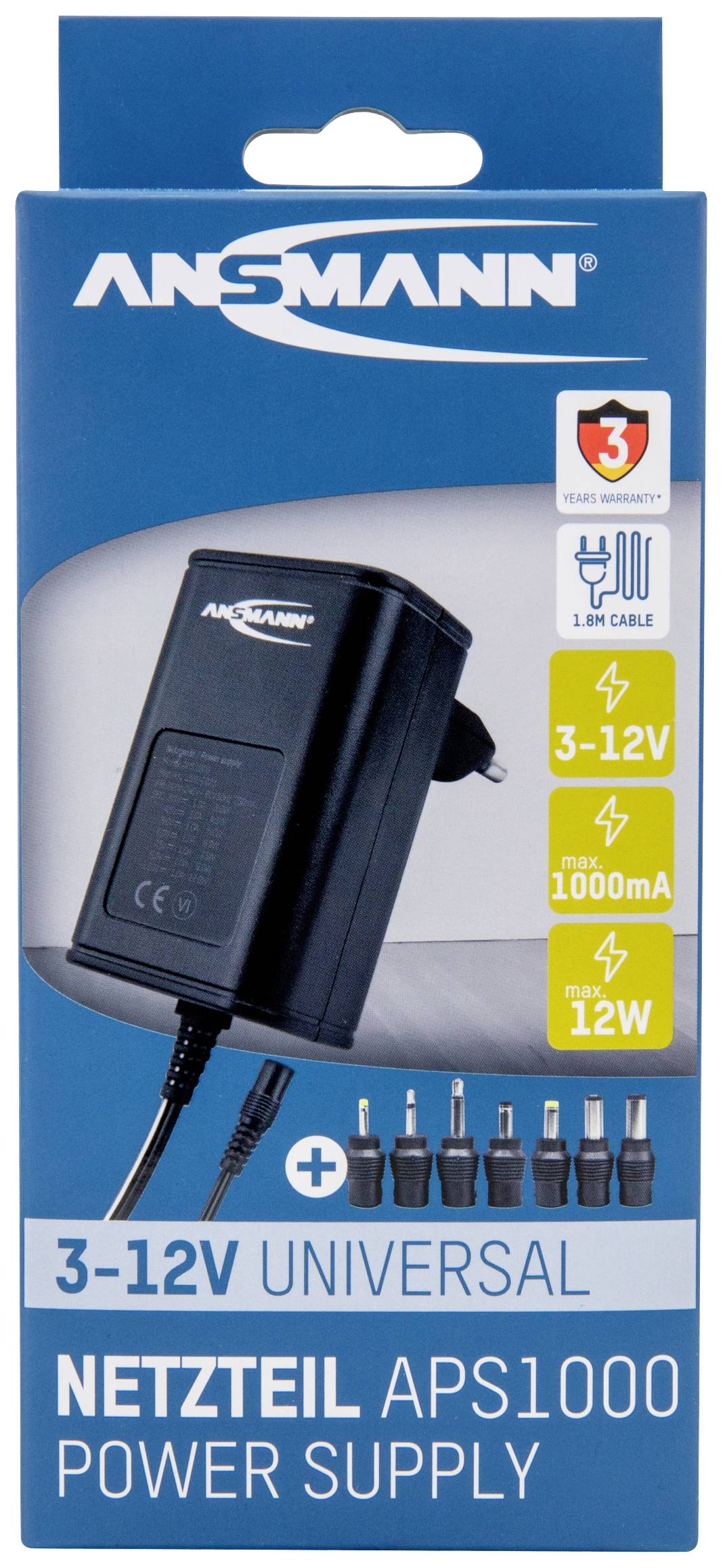 Plavo-bijela ambalaža za univerzalni napajač 'APS1000'. Prikazuje mrežni adapter, postavke napona (3-12V) i struju (1000mA).