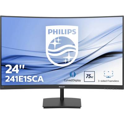 Philips 24" 241E1SCA zakrivljeni zaslon, 75 Hz, trostruko bezrubni.' Zaslon s plavom pozadinom i informacijama o proizvodu.