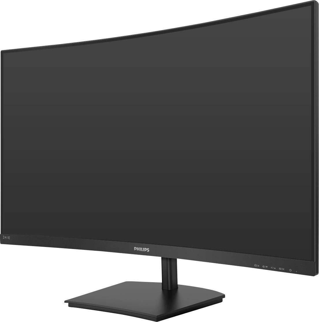 Zakrivljeni monitor tvrtke Philips s crnim ramom i postoljem. Zaslon je isključen.