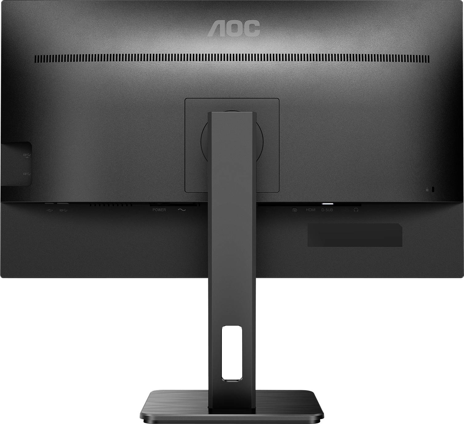 Monitor prikazuje stražnju stranu crnog AOC monitora s pravokutnom postoljom i horizontalnim otvorom za ventilaciju.