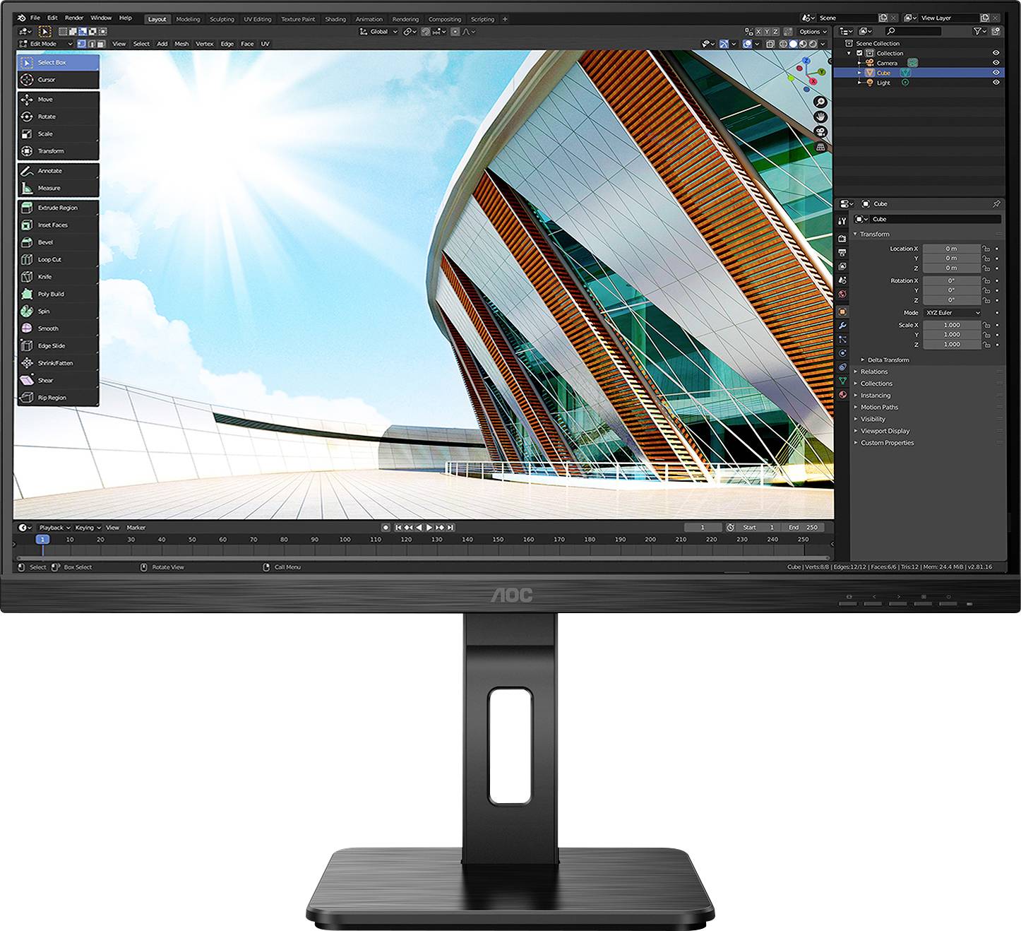 Računalni monitor prikazuje modernu zgradu u programu za 3D modeliranje. Zaslon je ugrađen u crni monitor.