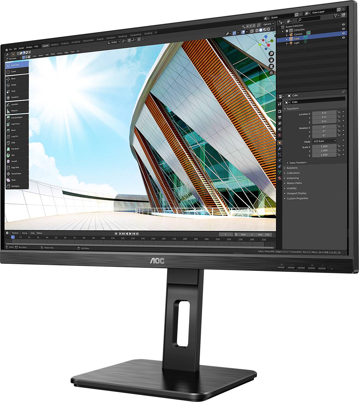 Računalni monitor prikazuje 3D arhitektonski softver sa suvremenim modelom zgrade pod vedrim nebom i suncem.