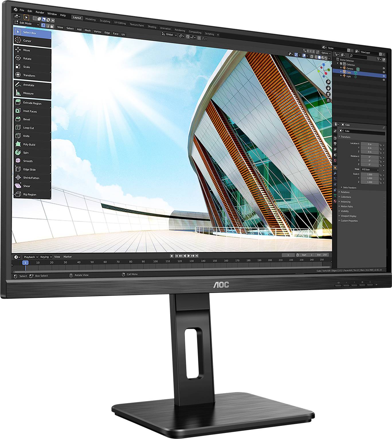Računalni monitor prikazuje 3D modelirski softver sa suvremenim dizajnom zgrade i alatnom trakom. Sunčeva svjetlost reflektira se na zaslonu.