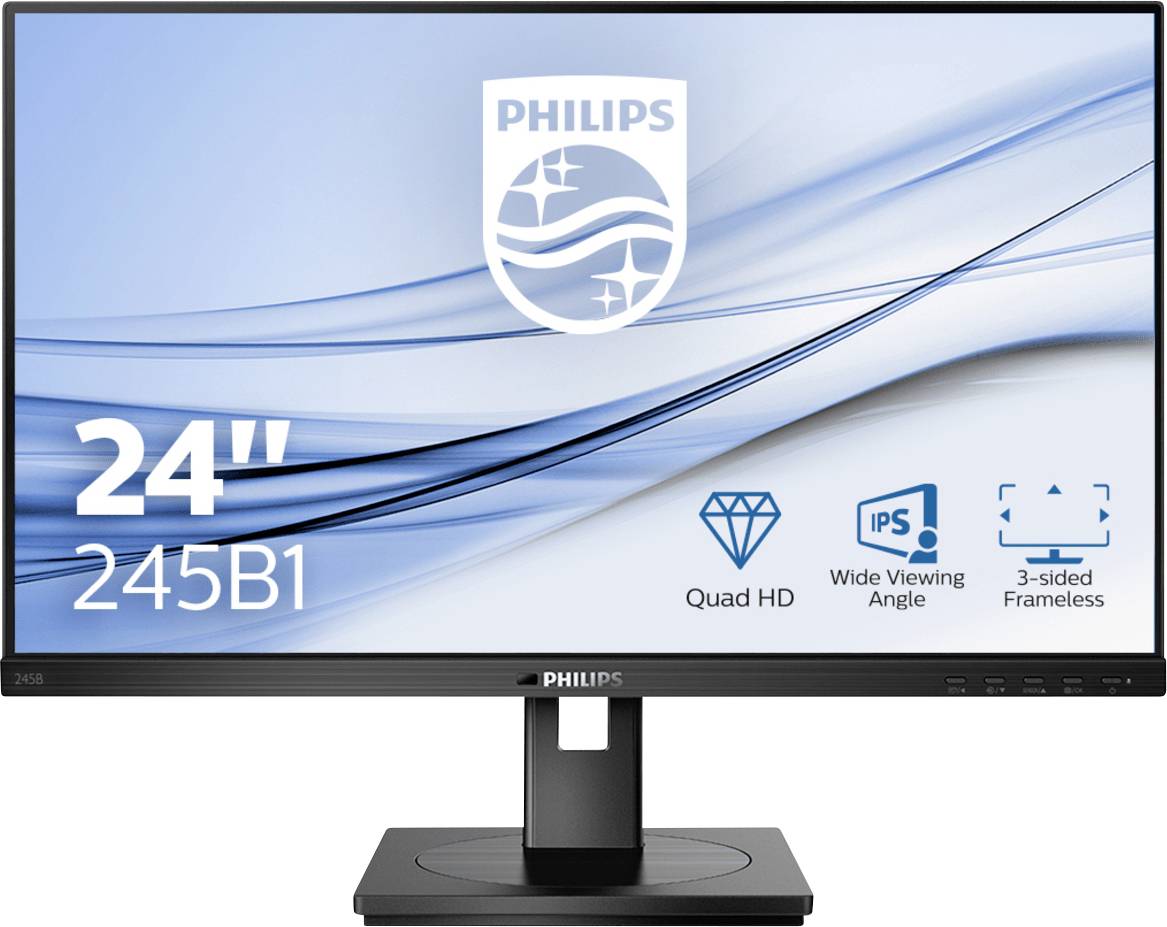 Philipsov monitor prikazuje model '24" 245B1'. Karakteristike: Quad HD, IPS zaslon širokog kuta gledanja, dizajn bez okvira.