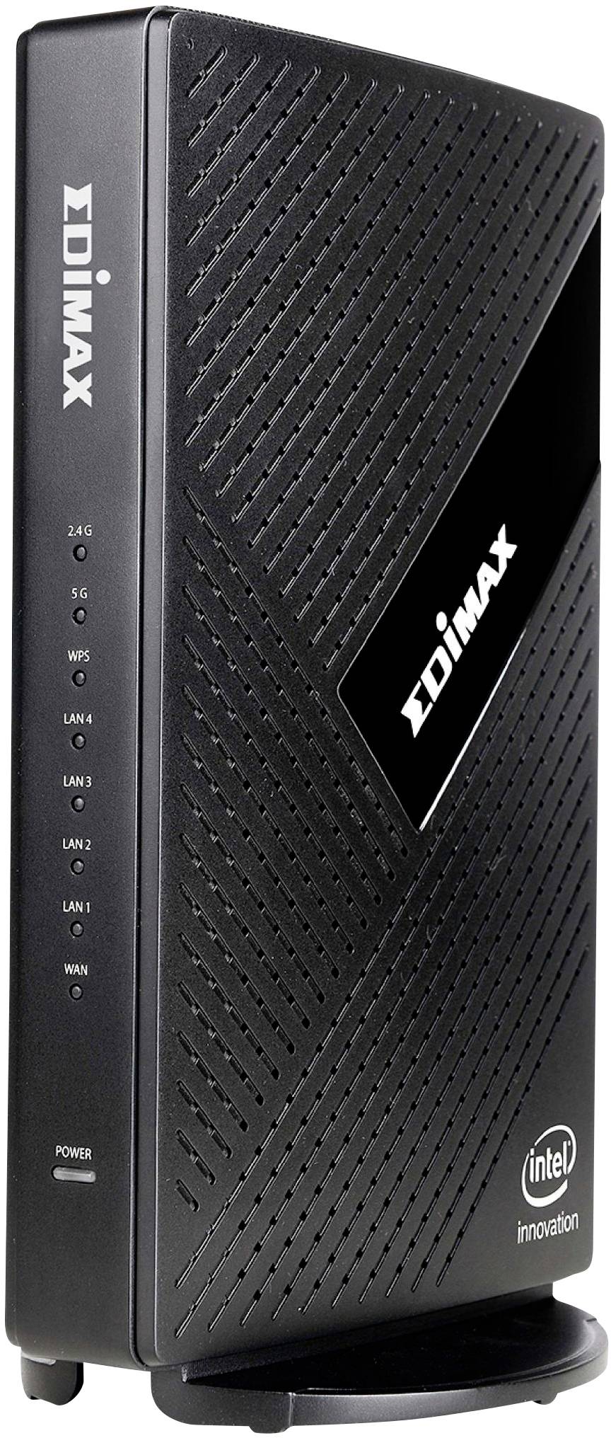 Crni Edimax WLAN usmjerivač vertikalne izvedbe. S lijeve strane vidljive su različite LED indikatorske lampice za mrežne veze. Na prednjoj strani nalazi se Edimax logotip.