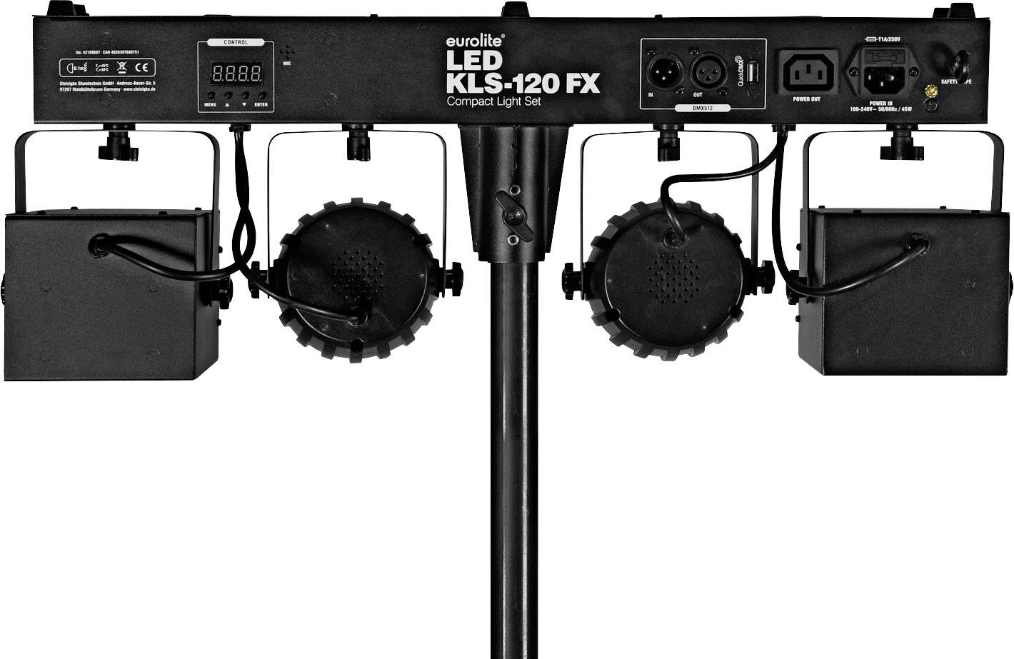 Eurolite LED KLS-120 FX kompaktni svjetlosni set s četiri crna reflektora, pogodan za pozorišnu rasvjetu.