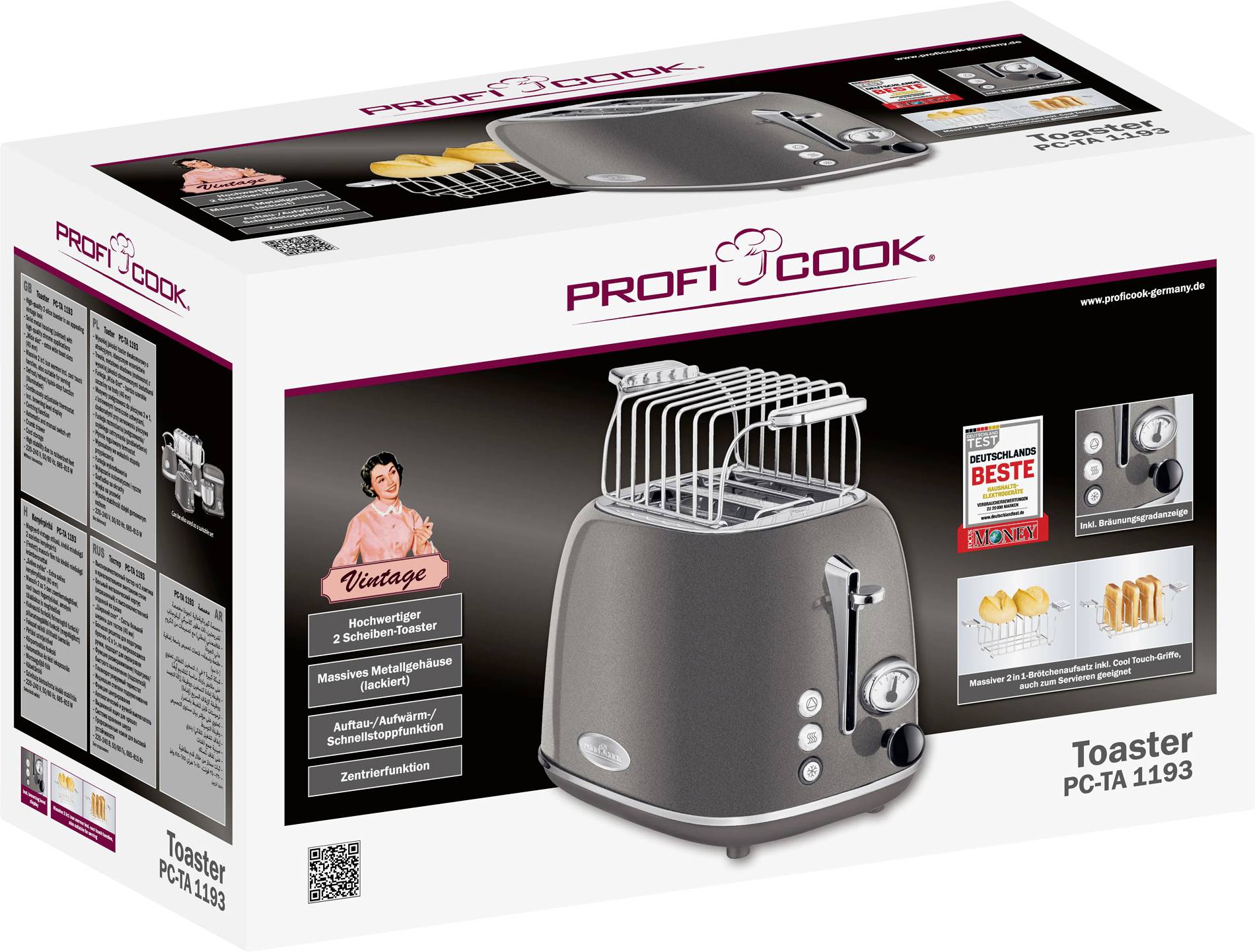 Ambalaža za 'Profi Cook Toster PC-TA 1193'. Slika prikazuje toster s ladicom za mrvice, različitim stupnjevima zapečenosti i funkcijama.