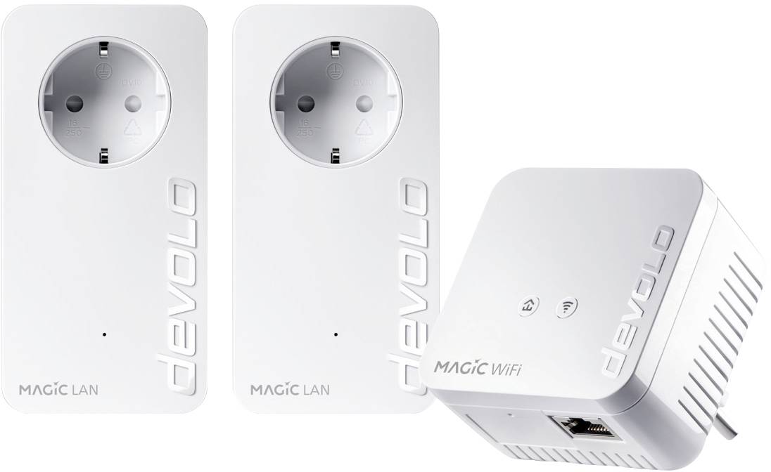 Dva bijela Powerline adaptera i jedan WLAN adapter od Devola, koji se koriste za proširenje kućne mreže putem električne mreže.