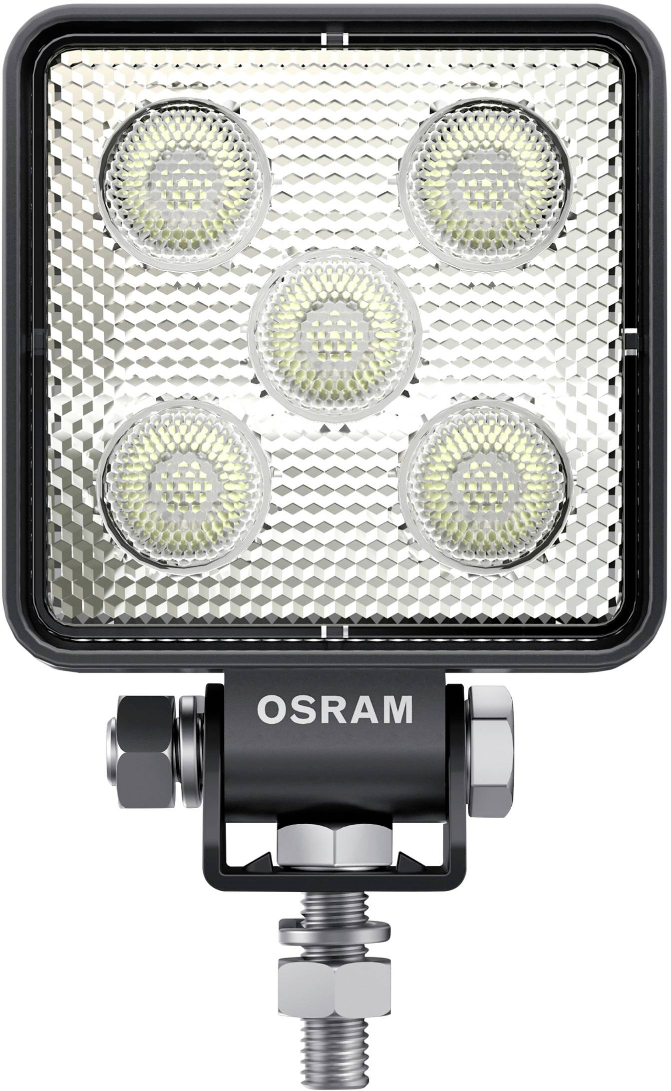 Kvadratni LED radni reflektor s pet okruglih svjetala, srebrni reflektor i crni okvir, s natpisom 'OSRAM'.