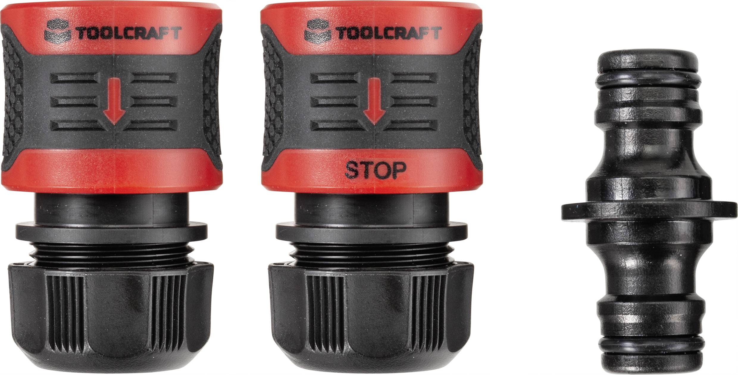 'Dva crvena adaptera s natpisom Toolcraft, jedan s natpisom 'STOP', i jedan crni connector za sustave navodnjavanja vrta.'