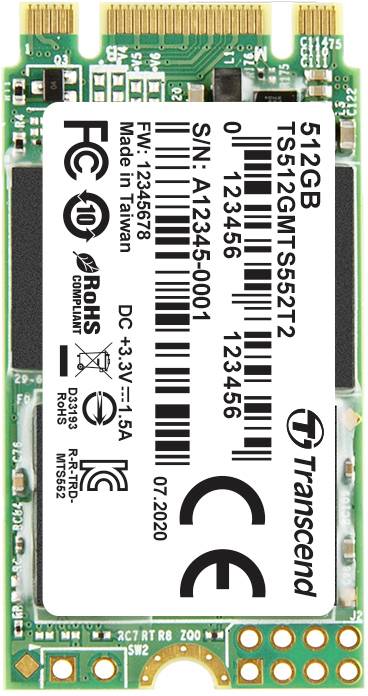 Transcend MTS552T2 512 GB NVMe/PCIe M.2 SSD 2242 harde schijf SATA 6 Gb/s Industrial TS512GMTS552T2