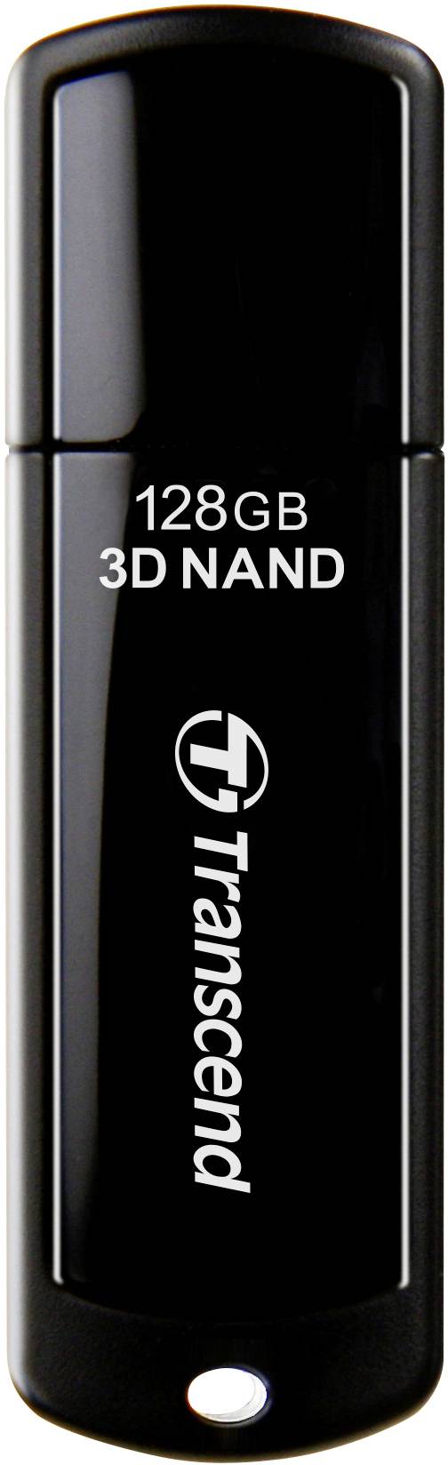 USB stick u crnoj boji, marke Transcend, 128 GB, 3D NAND memorijska tehnologija.
