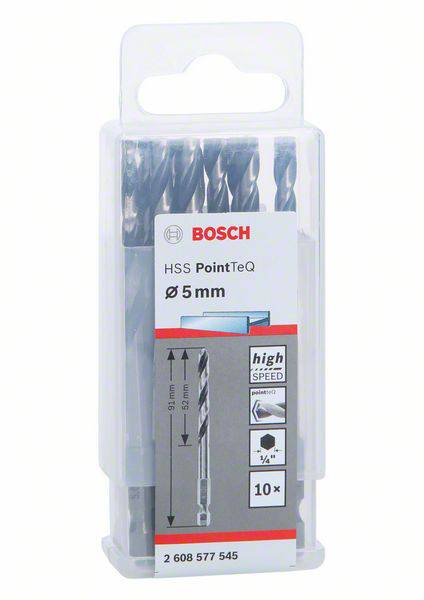 Bosch HSS PointTeQ set svrdla, 5 mm, 10 komada, u plastičnoj ambalaži. Pogodan za metal, drvo i plastiku, visoke brzine.