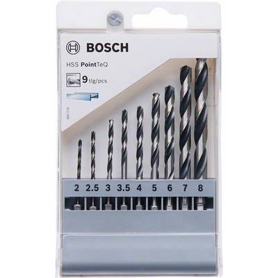 Bosch set svrdla sa 9 metalnih svrdala u različitim veličinama od 2,5 do 8 mm, u prozirnoj ambalaži.