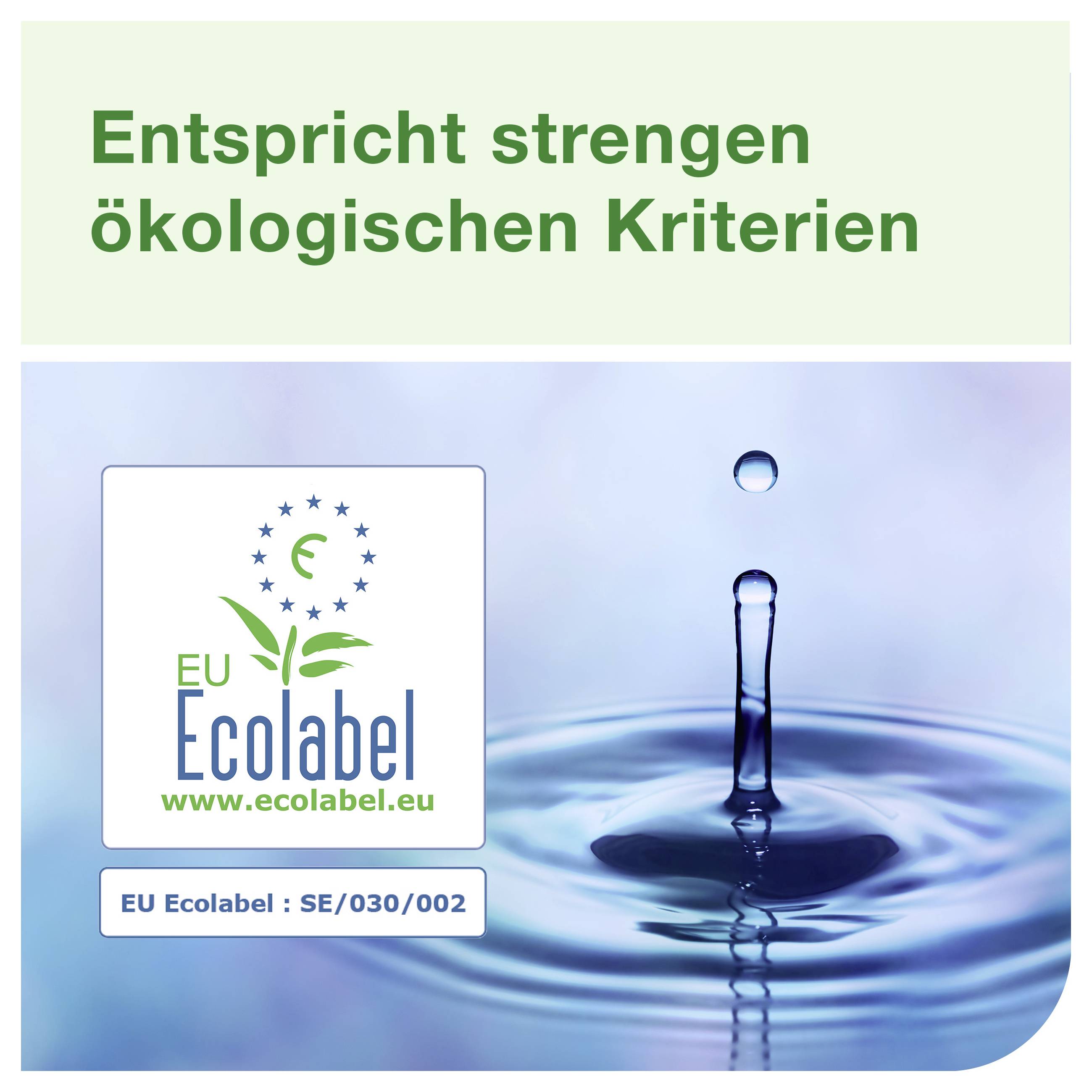 EU Ekolabel-Certifikat s kapljom i valovima vode; Napomena: 'Zadovoljava stroge ekološke kriterije'.