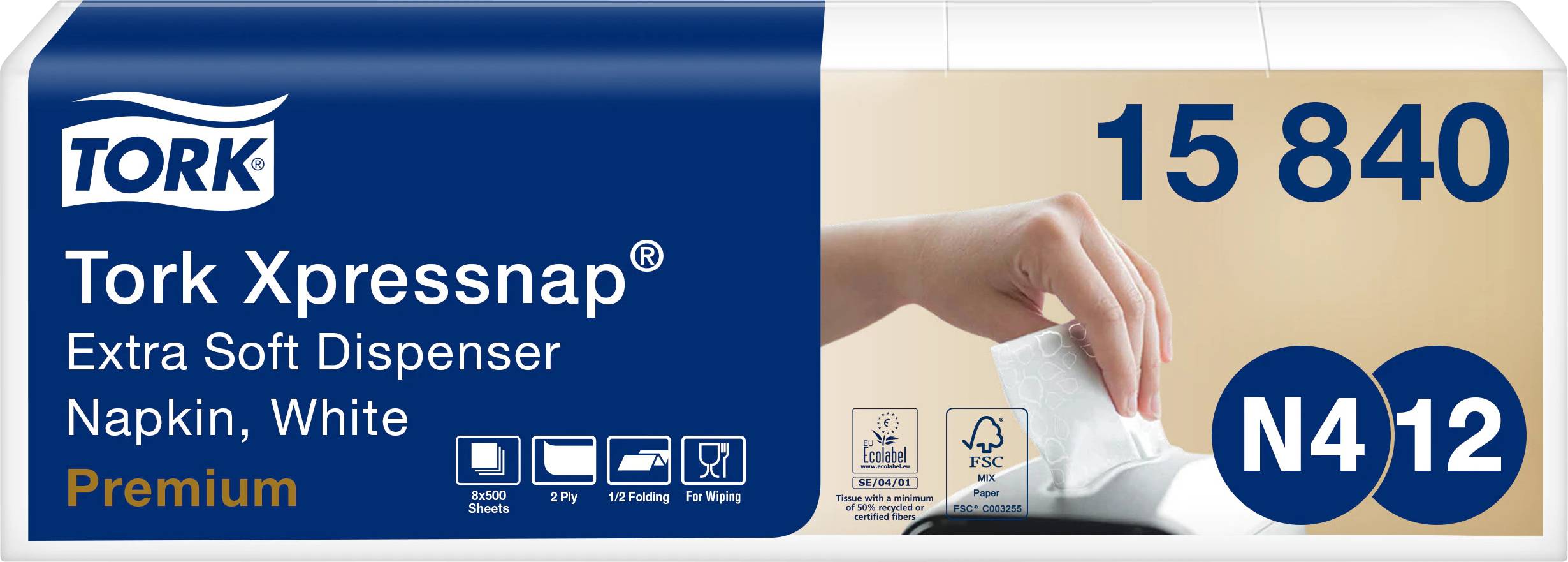'Tork Xpressnap Extra Soft Uložak za Servete, Bijeli. Premium, N4 1/2. Slika prikazuje ruku koja povlači servietu iz dispensera.'
