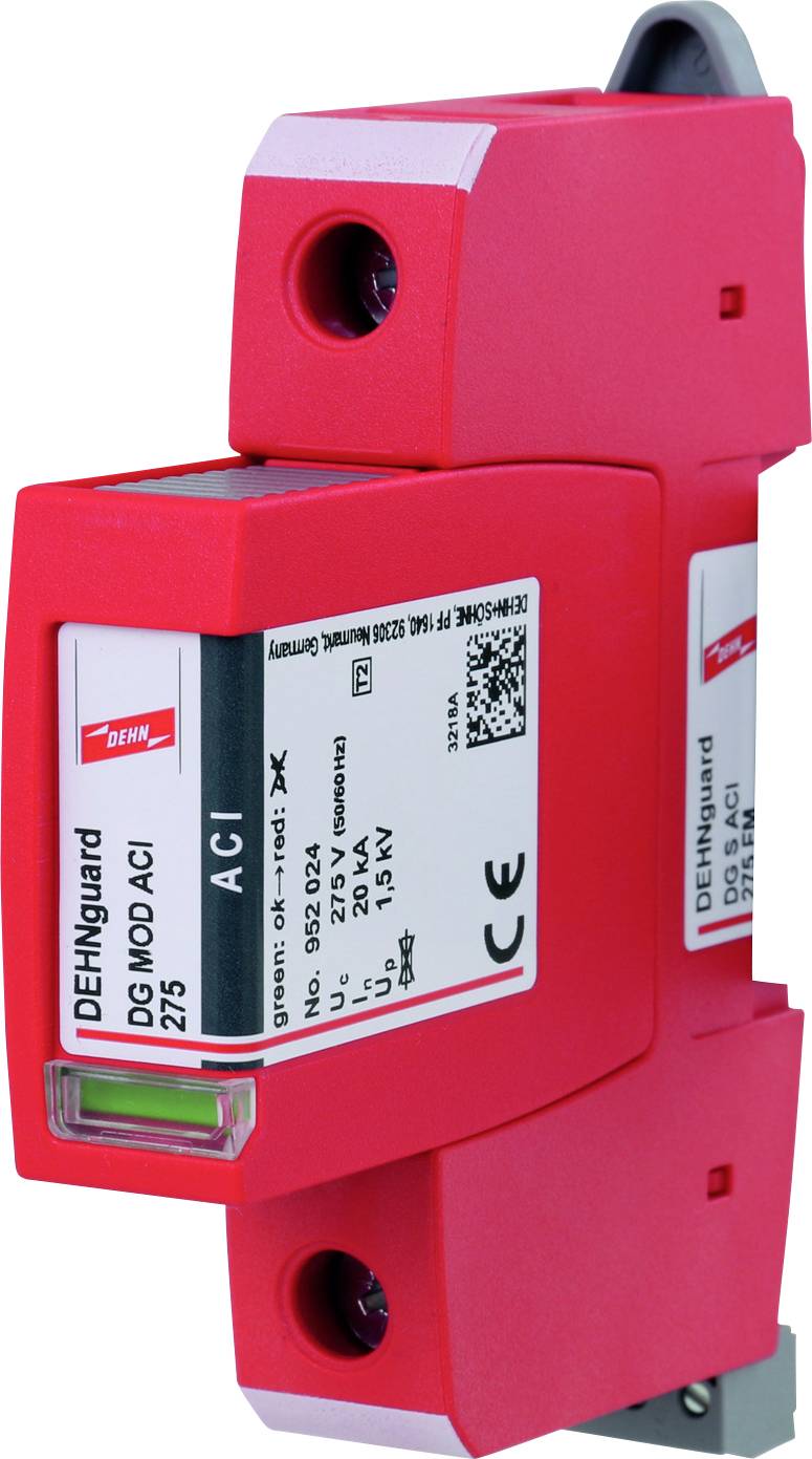 Crveni uređaj za zaštitu od prenapona s naljepnicom 'DEHNguard' koji je dizajniran za električnu zaštitu.