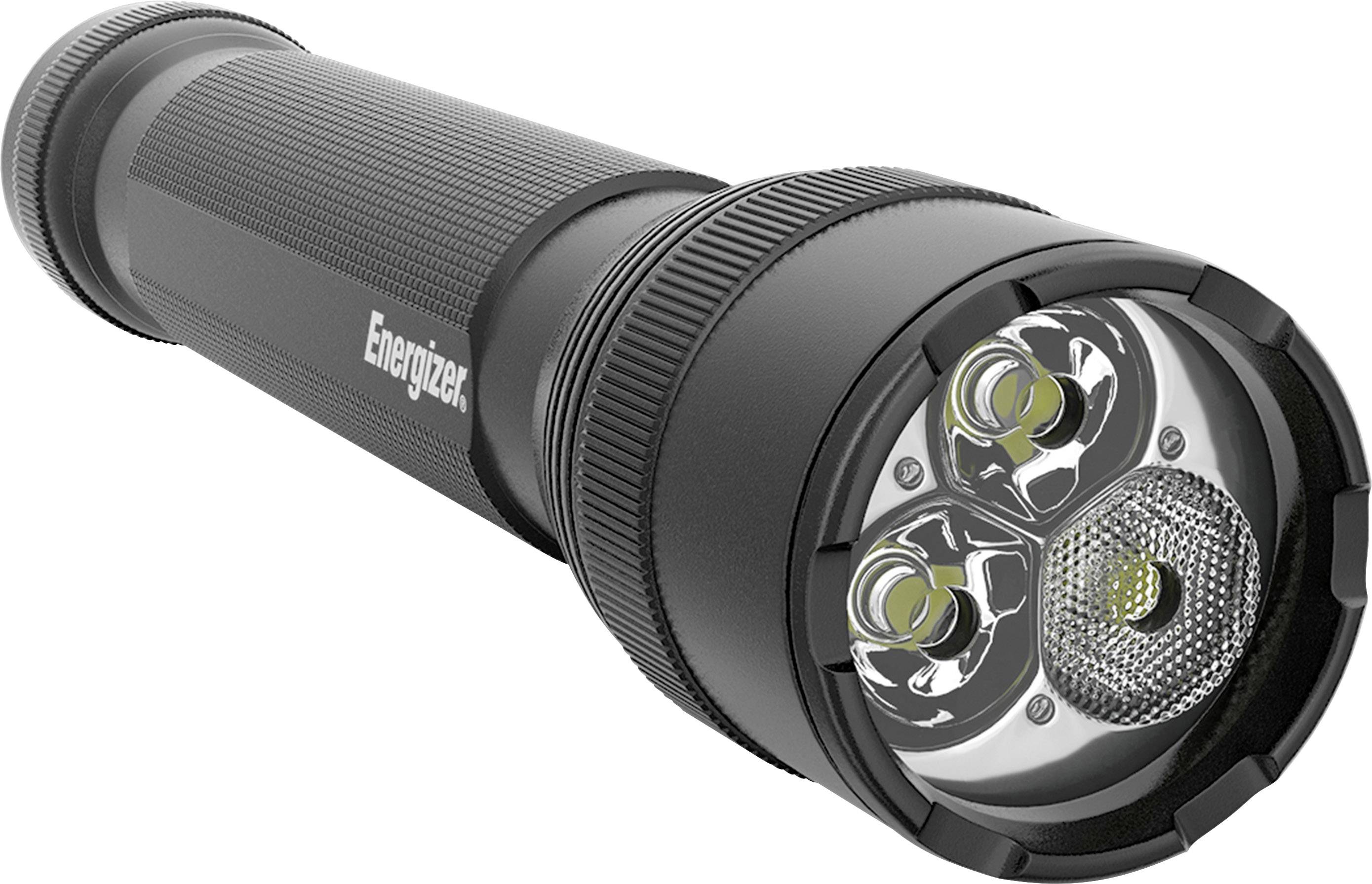 Crna baterijska lampa s tri LED izvora svjetlosti, na čijoj je bočnoj strani upisan naziv marke 'Energizer', pogodna za upotrebu u mraku.