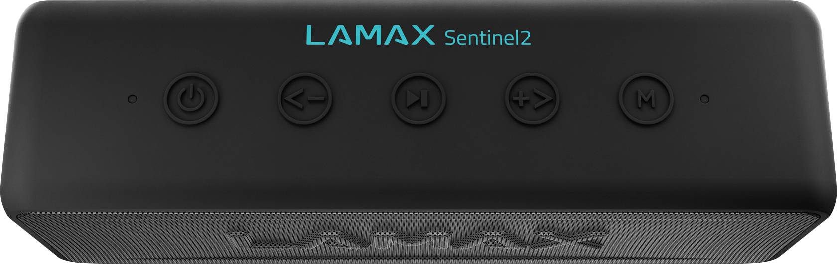 Crni prijenosni zvučnik s gumbima za upravljanje napajanjem, reprodukcijom, glasnoćom i načinom rada. Sadrži logo 'LAMAX Sentinel2'.