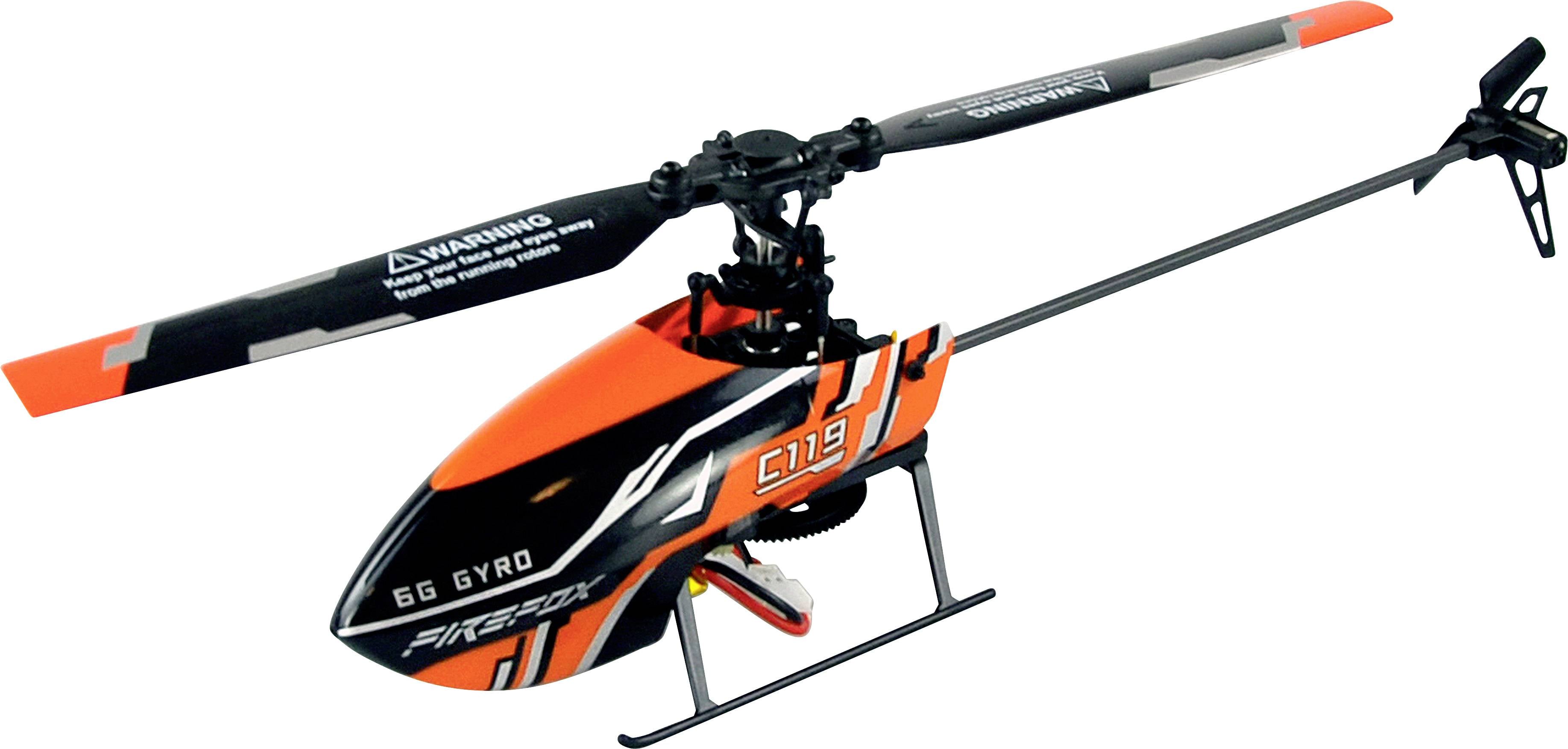 Narančasti i crni igračka helikopter s rotirajućim rotor-oštricama i stabilnom platformom za slijetanje. Sadrži sigurnosno upozorenje na rotoru.