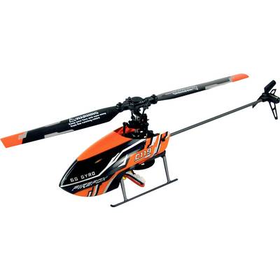 Narančasti i crni igračka helikopter s rotirajućim rotor-oštricama i stabilnom platformom za slijetanje. Sadrži sigurnosno upozorenje na rotoru.