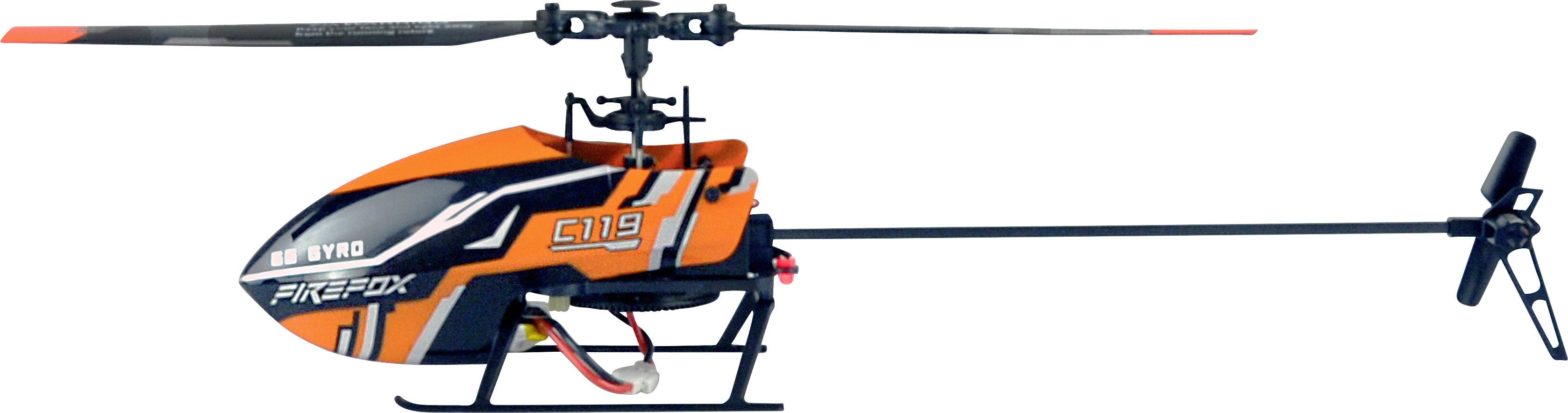 Narančasto-crni modelni helikopter s dvostrukom propelerom, horizontalni pogled.