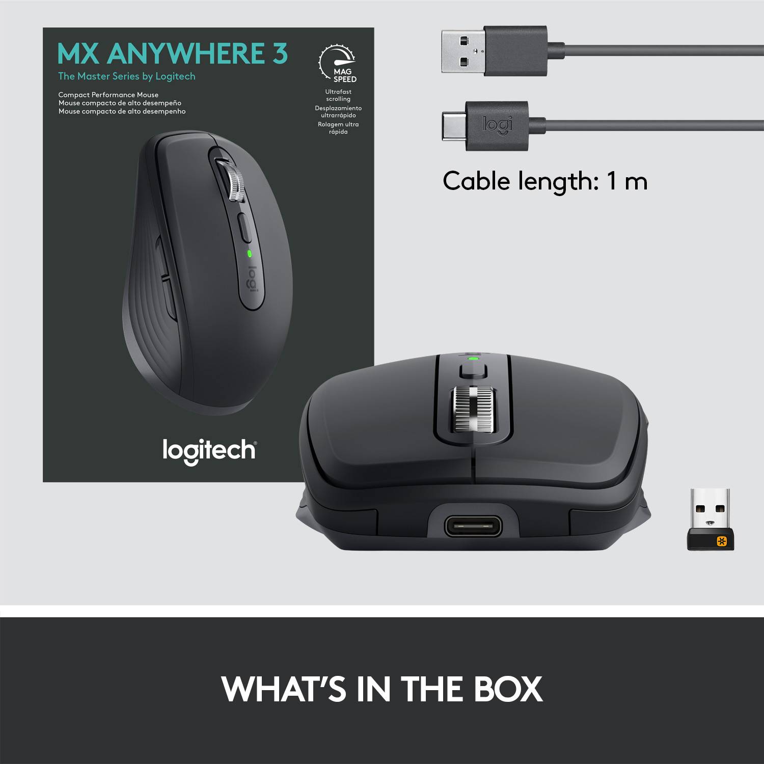 'Sadržaj': Slika prikazuje Logitech miš s USB prijemnikom, baterijama i kabelom. Glavna značajka je bočni pogled na crni miš.
