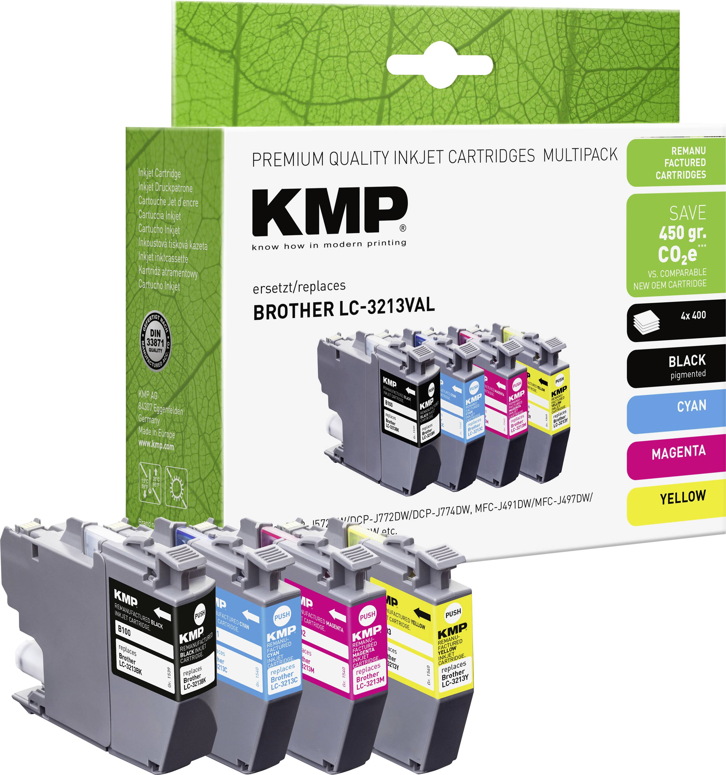 KMP premium inkjet patronni paket za Brother LC-3213VAL, prikazujući crne, cijane, magente i žute patronne sa tvrdnjom o uštedi.