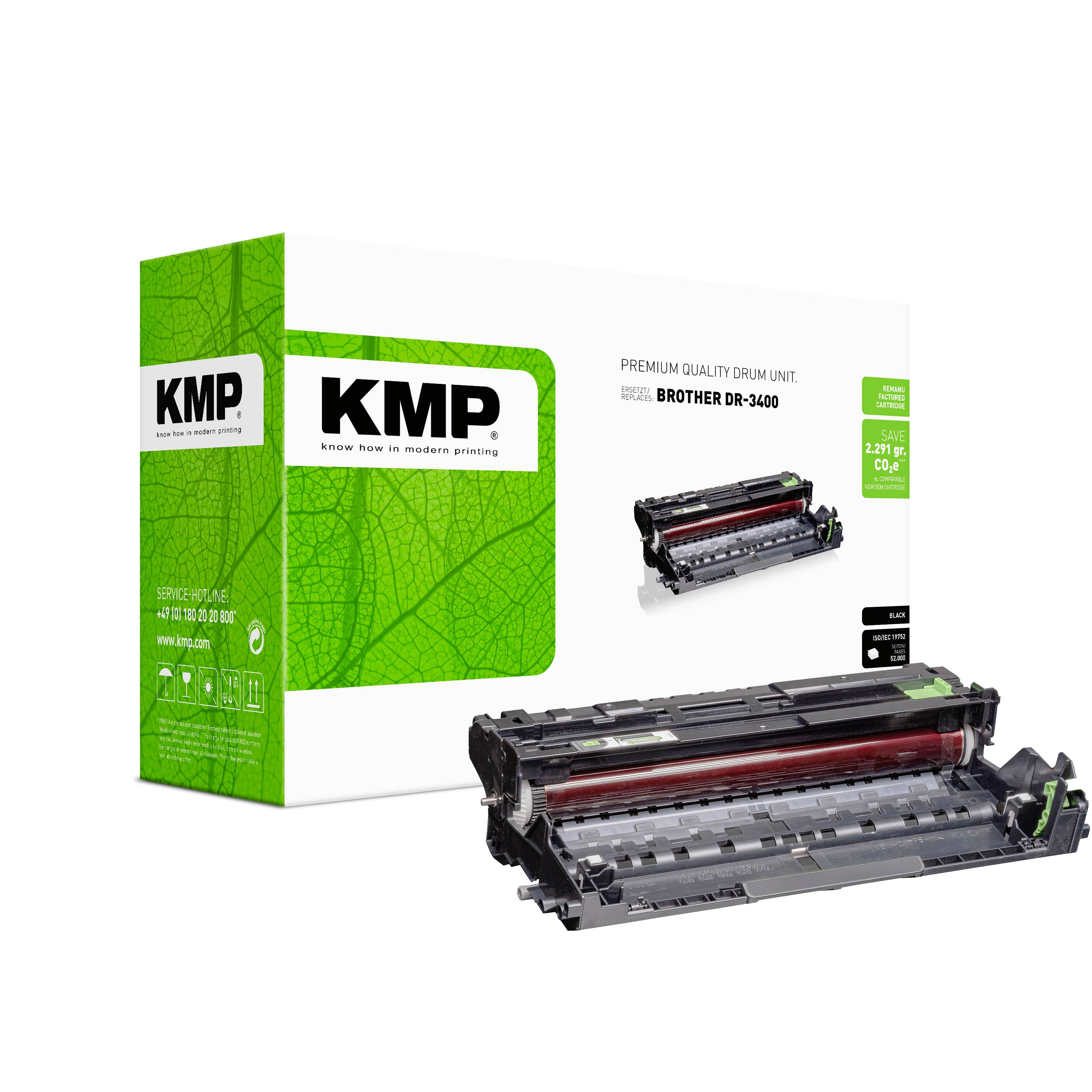 KMP jedinica bubnja premium kvalitete za Brother DR-3400, prikazana s zeleno-bijelim pakovanjem i crnom bubnjastom patronom tonera.