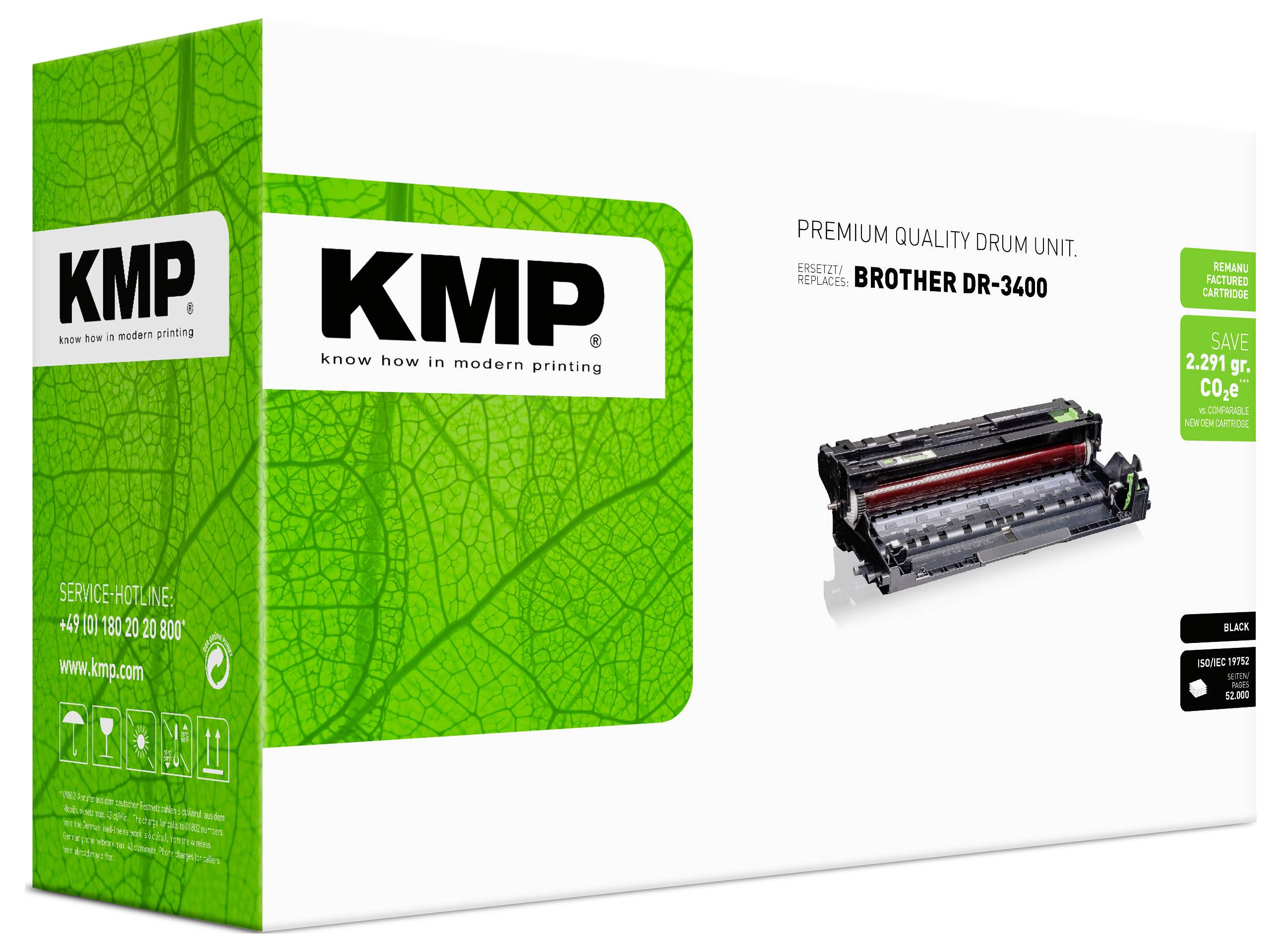 KMP premium kvalitetna jedinica bubnja pakovanje za Brother DR-3400, zelena kutija s slikom proizvoda i etiketom uštede.