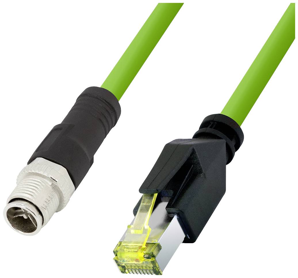 Zeleni mrežni kabel s M12 utikačem na lijevom kraju i RJ45 utikačem na desnom kraju.