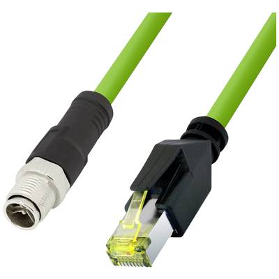 Zeleni mrežni kabel s M12 utikačem na lijevom kraju i RJ45 utikačem na desnom kraju.