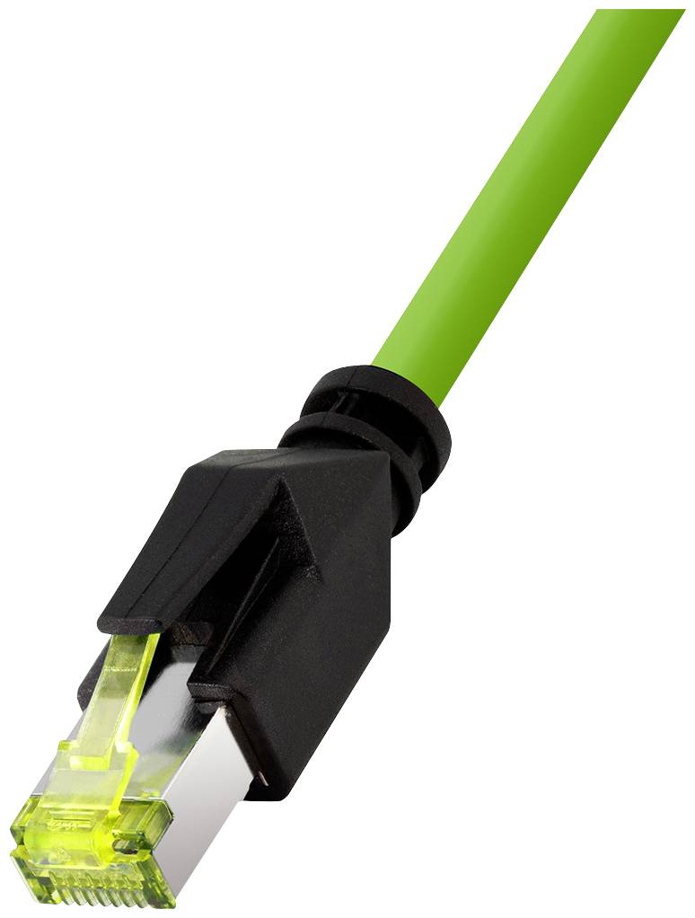 Zeleni Ethernet kabel s crnim utikačem, snimka blizine utikača, naglašava tehnologiju povezivanja.