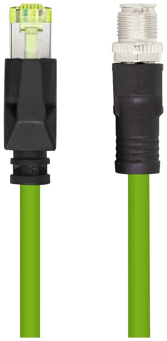 Zeleni Ethernet kabel s RJ45 utikačem lijevo i crnim M12 utikačem s metalnim zaključavanjem desno.