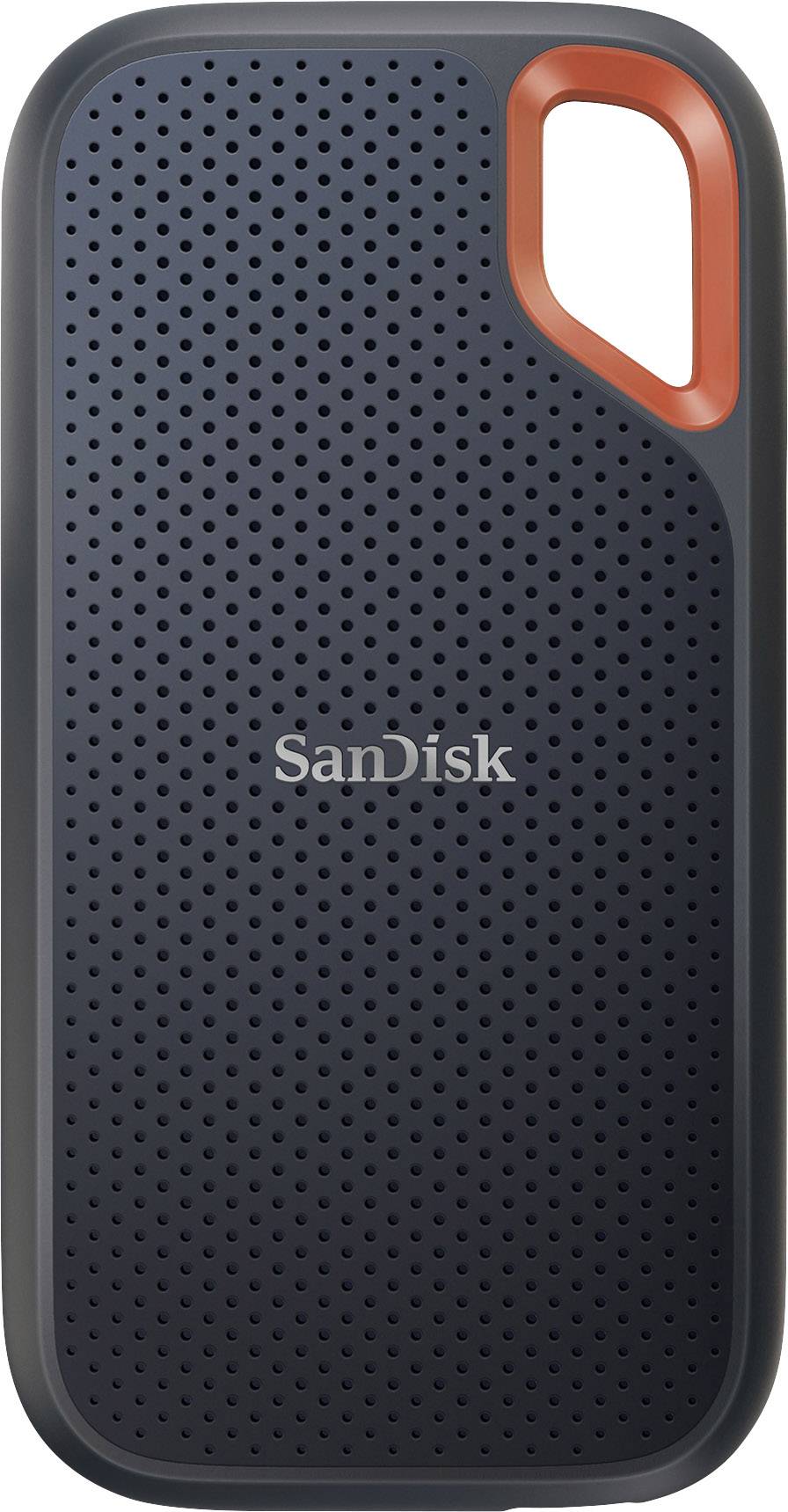 Vanjski tvrdi disk crne površine s narančastim akcentom. Oznaka 'SanDisk' u sredini.