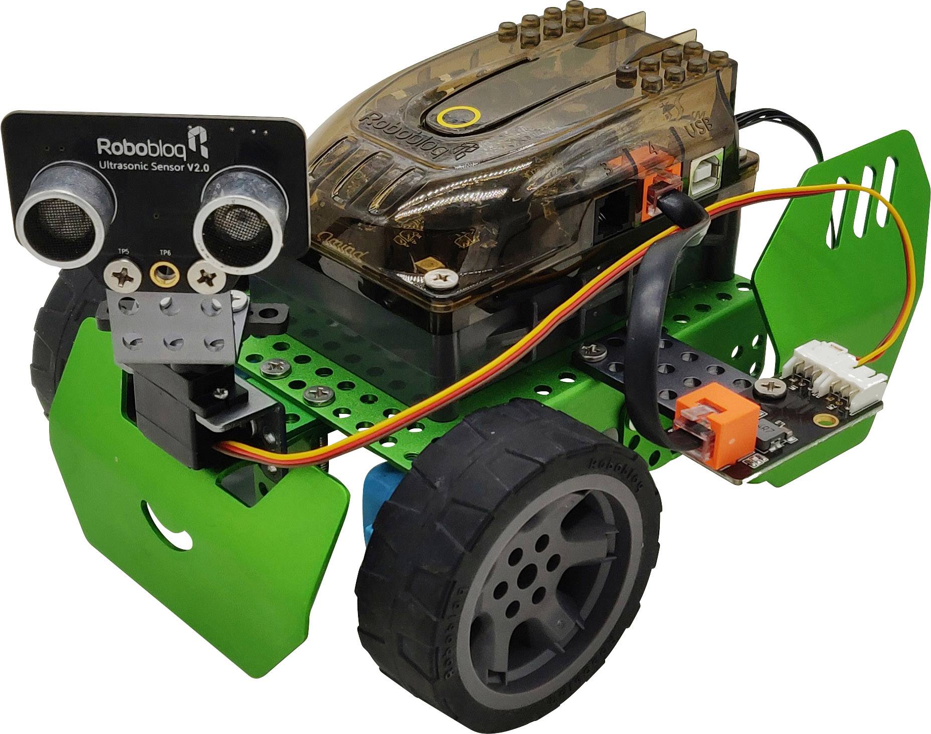 Zeleni komplet za izradu robotskog automobila s kotačima i elektronikom, pogodan za DIY projekte i učenje robotike.