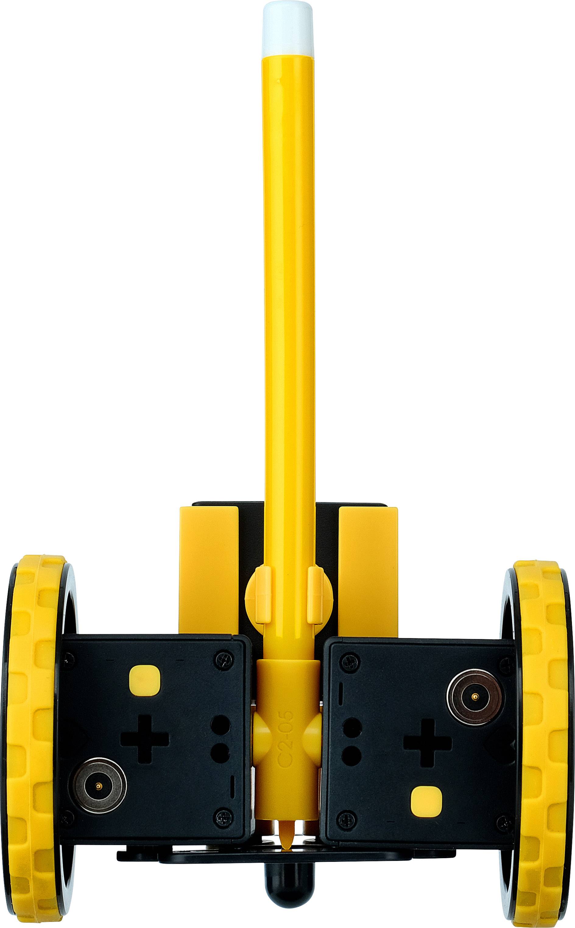 Dvoučlani žuti robot sa žutočunjastim kotačima, opremljen kamerom i senzorima na prednjoj strani, prikazan je frontalno.
