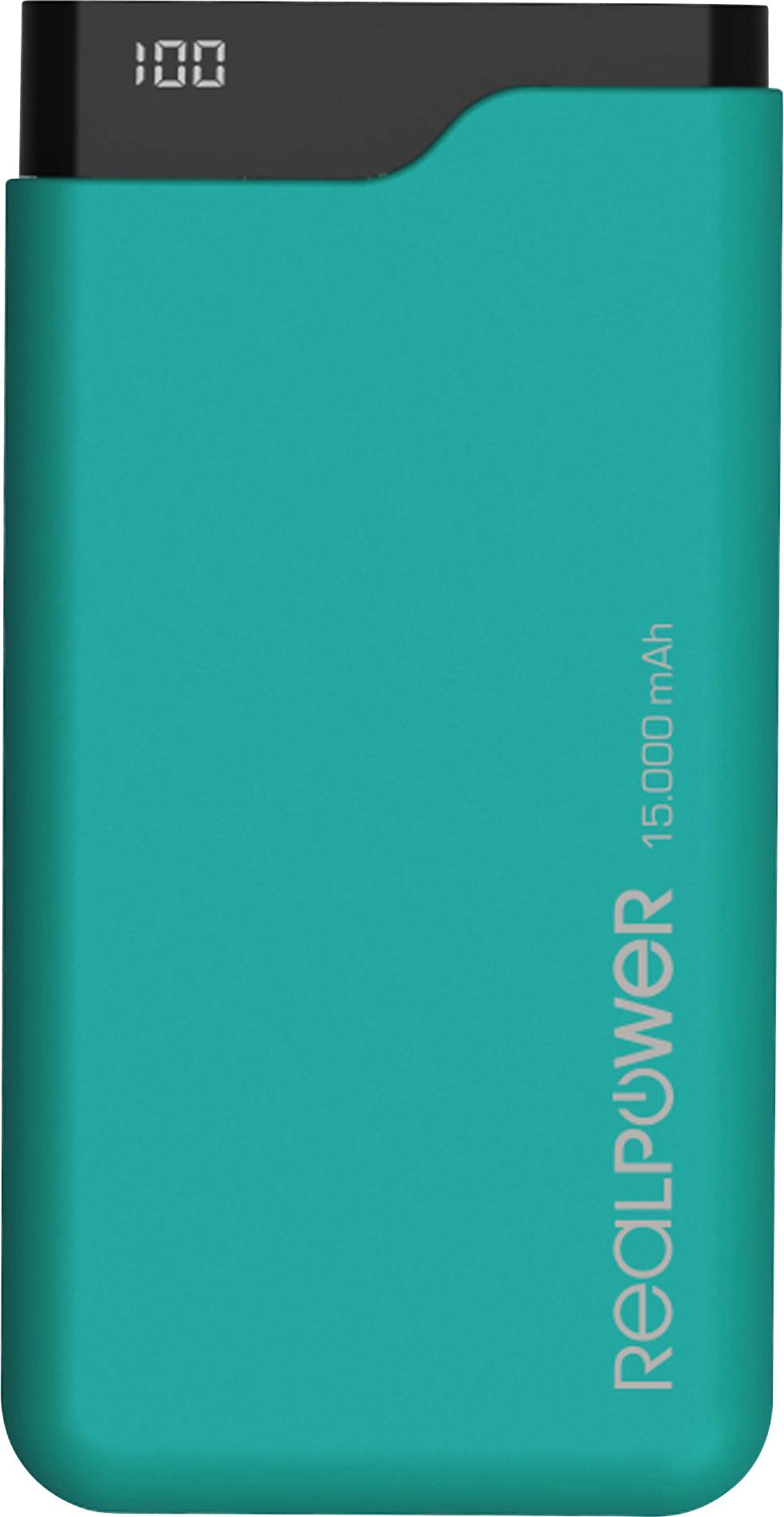 Zelena prijenosna baterija s natpisom 'RealPower 15.000 mAh' i digitalnim zaslonom koji pokazuje 100.