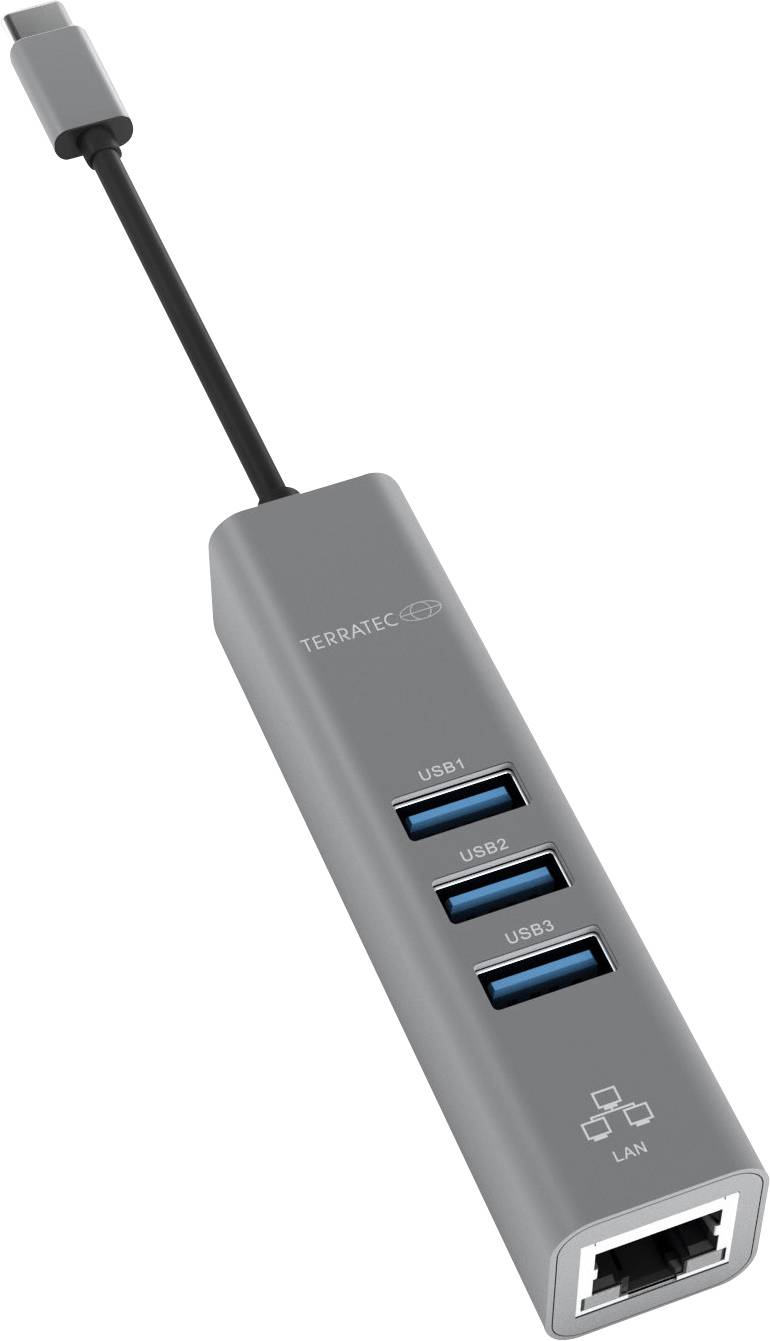 Terratec CONNECT C2 251735 USB-hub 3 poorten USB-A, RJ45 USB 3.2 Gen1 5 GBit/s Met ingebouwde netwerkaansluiting Grijs