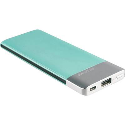 Prijenosni punjač u tirkiznoj boji s USB i micro-USB priključcima, pogodan za punjenje mobilnih uređaja tijekom putovanja.
