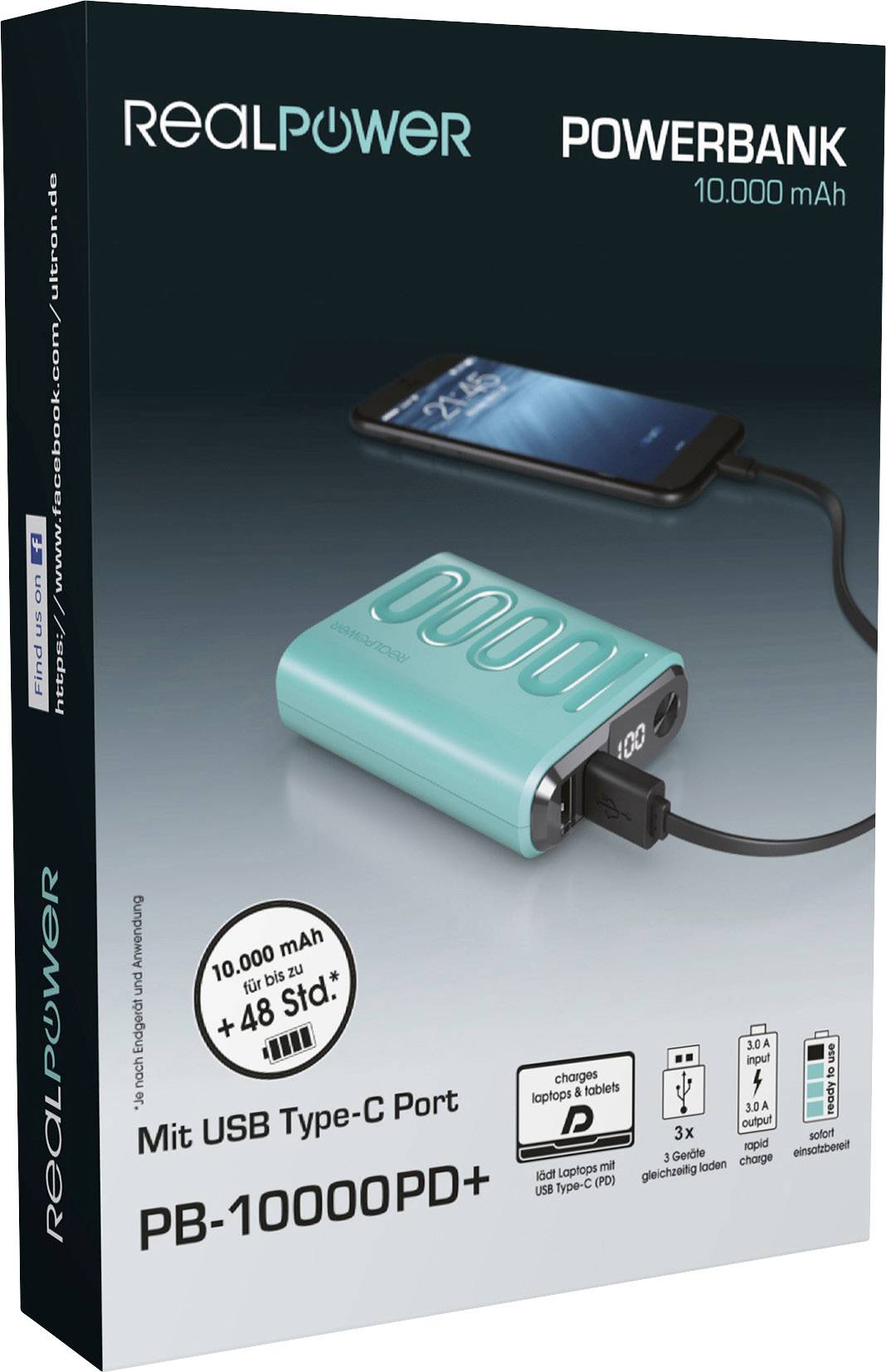 Ambalaža RealPower Powerbank PB-10000PD+ kapaciteta 10.000 mAh. Prikazuje spojeni pametni telefon. „Sa USB Type-C priključkom" istaknuto.