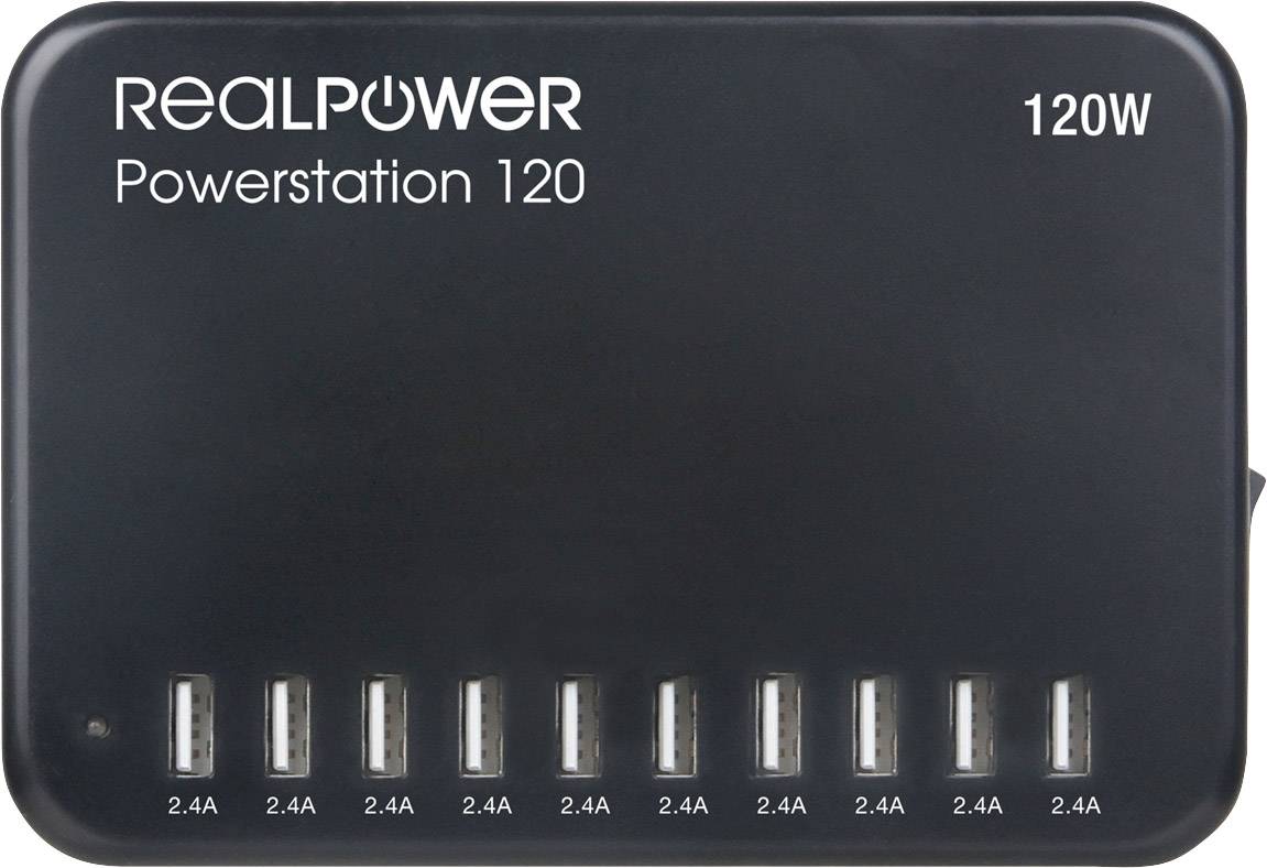 Punjač 'RealPower Powerstation 120', crućeg kućišta, s deset USB priključaka, svaki snage 2,4A.