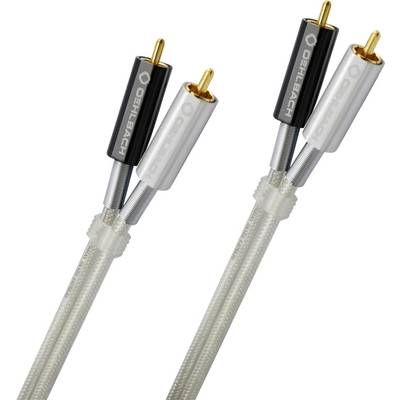 Audiokabel s dva utikača, jednim crnim i jednim srebrnim, s natpisom 'Oehlbach'. Povezuje audio izvore.