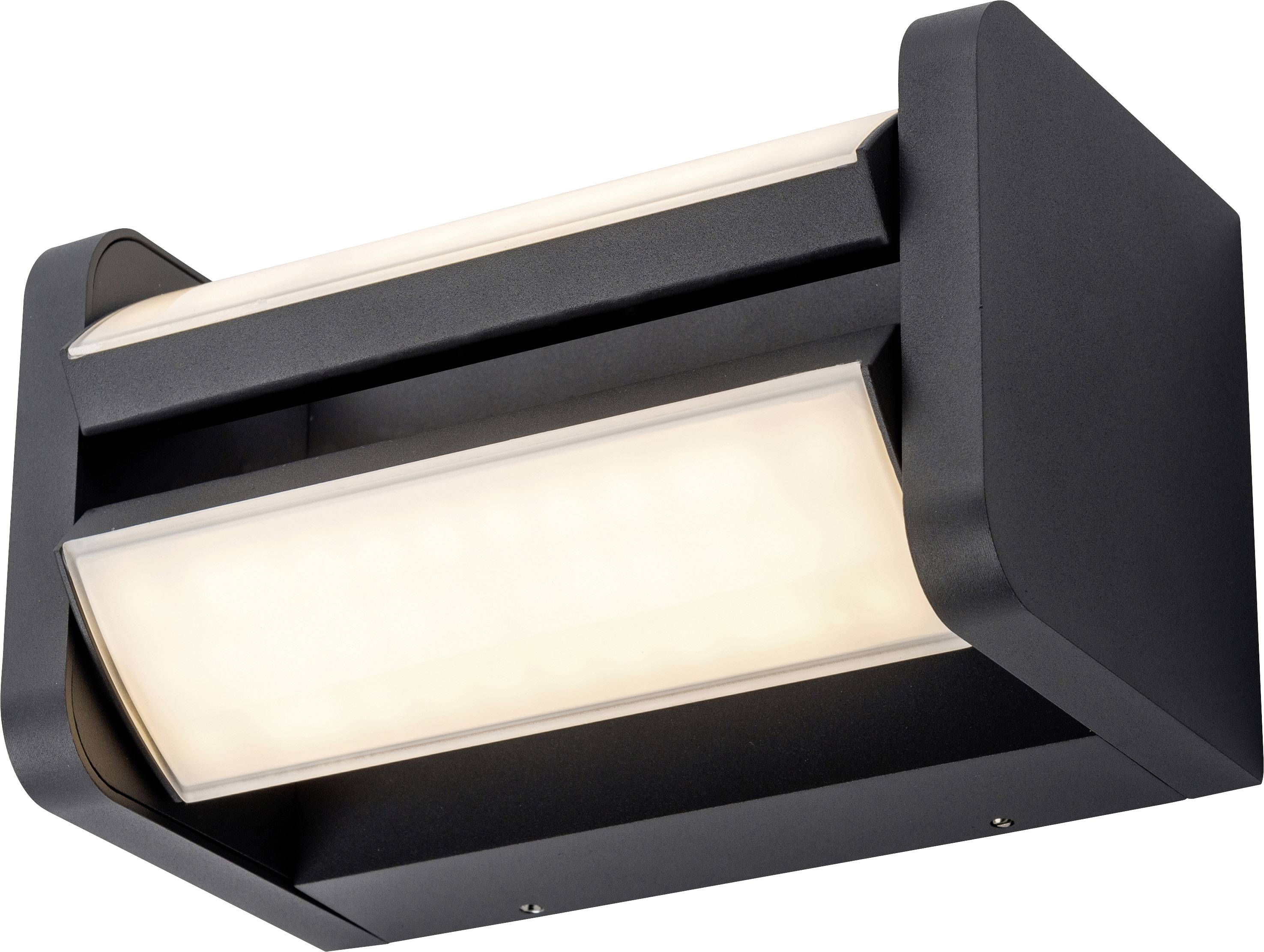 Crna zidna lampa pravokutnog, modernog dizajna. Lampa ima difuzni poklopac koji emitira meko, ravnomjerno svjetlo.
