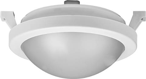 Stropna lampa kružnog oblika s bijelim okvirom i srebrnom kupolom. Pogodna za moderan unutarnji dizajn.