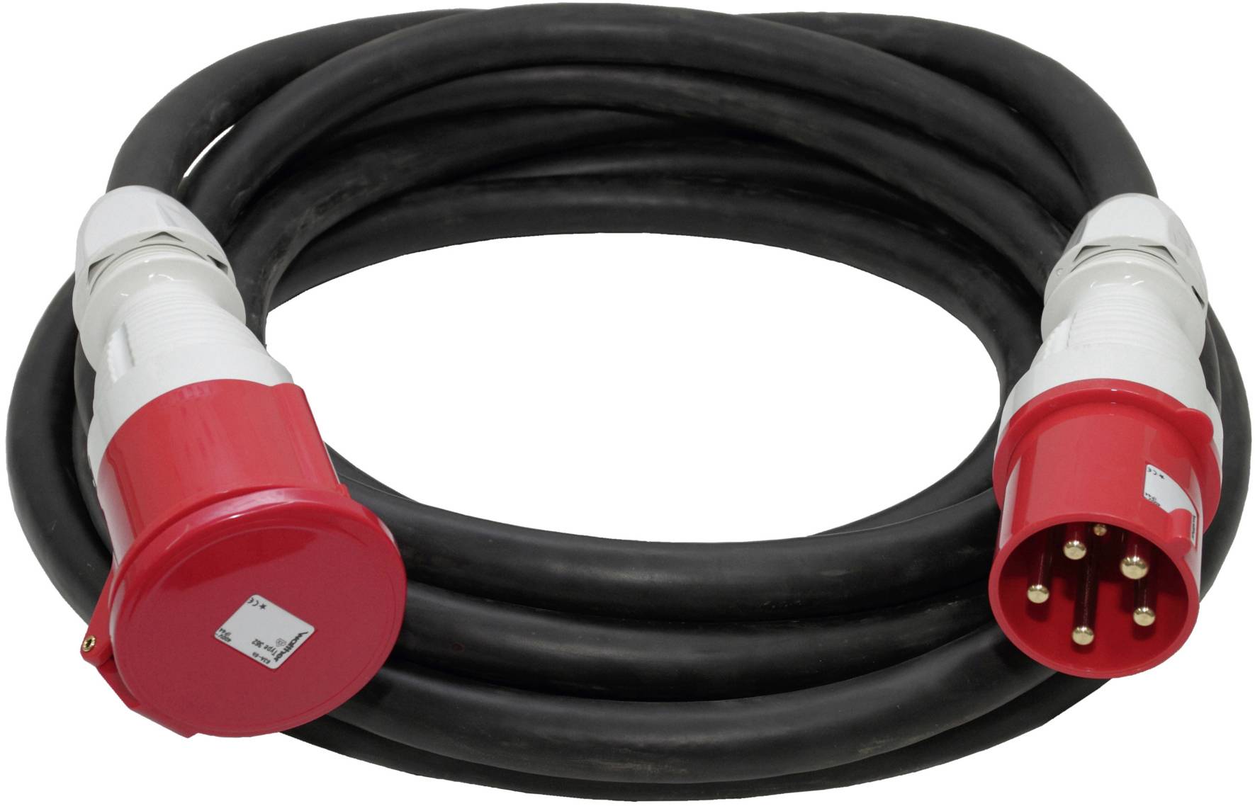 Crni produžni kabel s crvenom CEE utičnicom i priključkom, pogodan za industrijske utičnice, namotан.