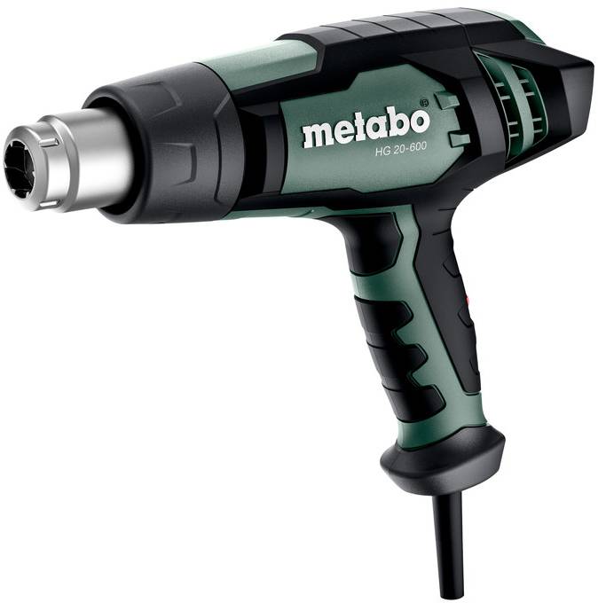 Metabo HG 20-600 topovni pištolj prikazan u bočnom pogledu na bijeloj pozadini, sa crnom i zelenom koravicom i pričvršćenom mlaznicom.
